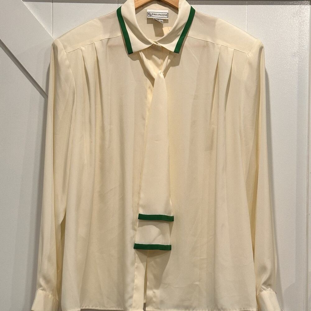 Vtg Evan Picone Lord & Taylor Cream Silky Blouse Shoulder Pads Bow Sz 16 NWT - Picture 1 of 11